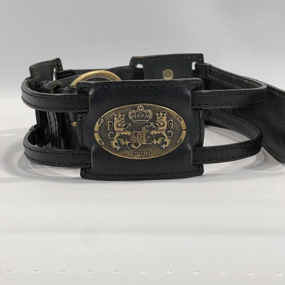 GF FERRE Black Leather Sectioned Belt with Bronze Plaques